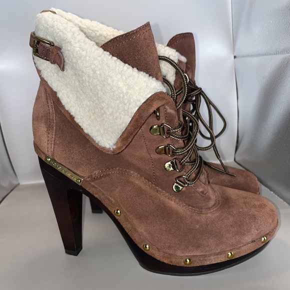BCBG Shoes - BCBG Suede Shearling Lace Up Platform Ankle Boots High Heel Size 8